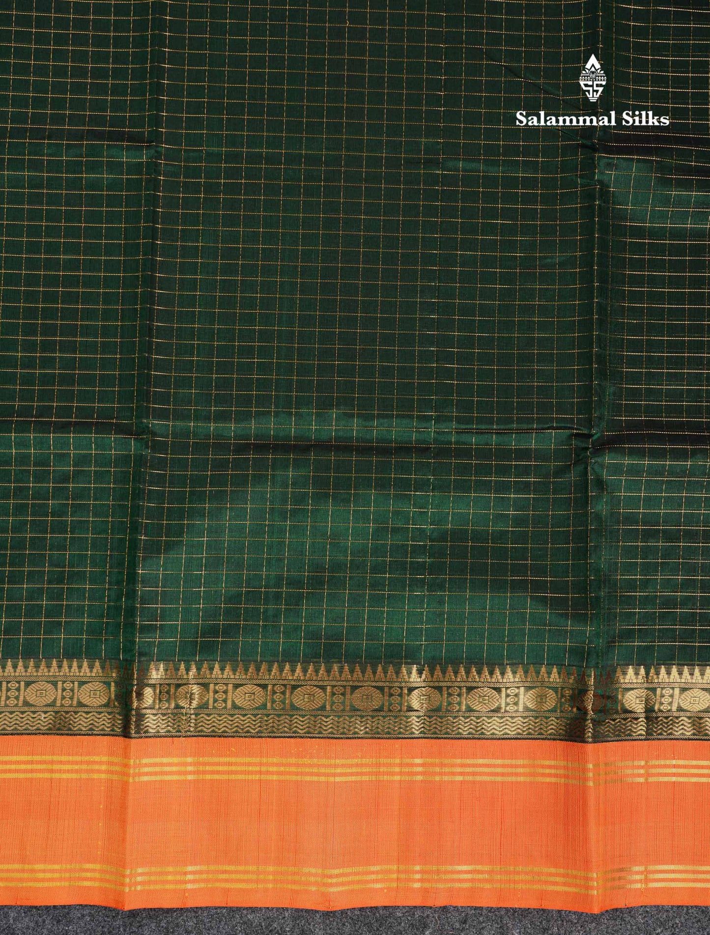 Beautiful Bottle Green Small Zari Checks Pure Silk Cotton Saree With Contrast Orange Traditional Gap Border