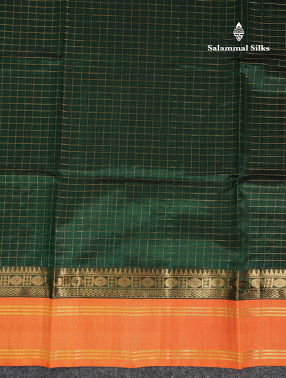 Beautiful Bottle Green Small Zari Checks Pure Silk Cotton Saree With Contrast Orange Traditional Gap Border