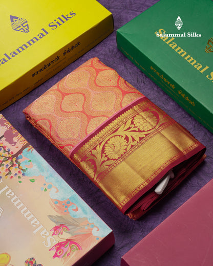 Beautiful Pinkish Peach Small Checks With Butta Tissue Bridal Pure Kanjivaram Silk Saree With Contrast Maroon Border