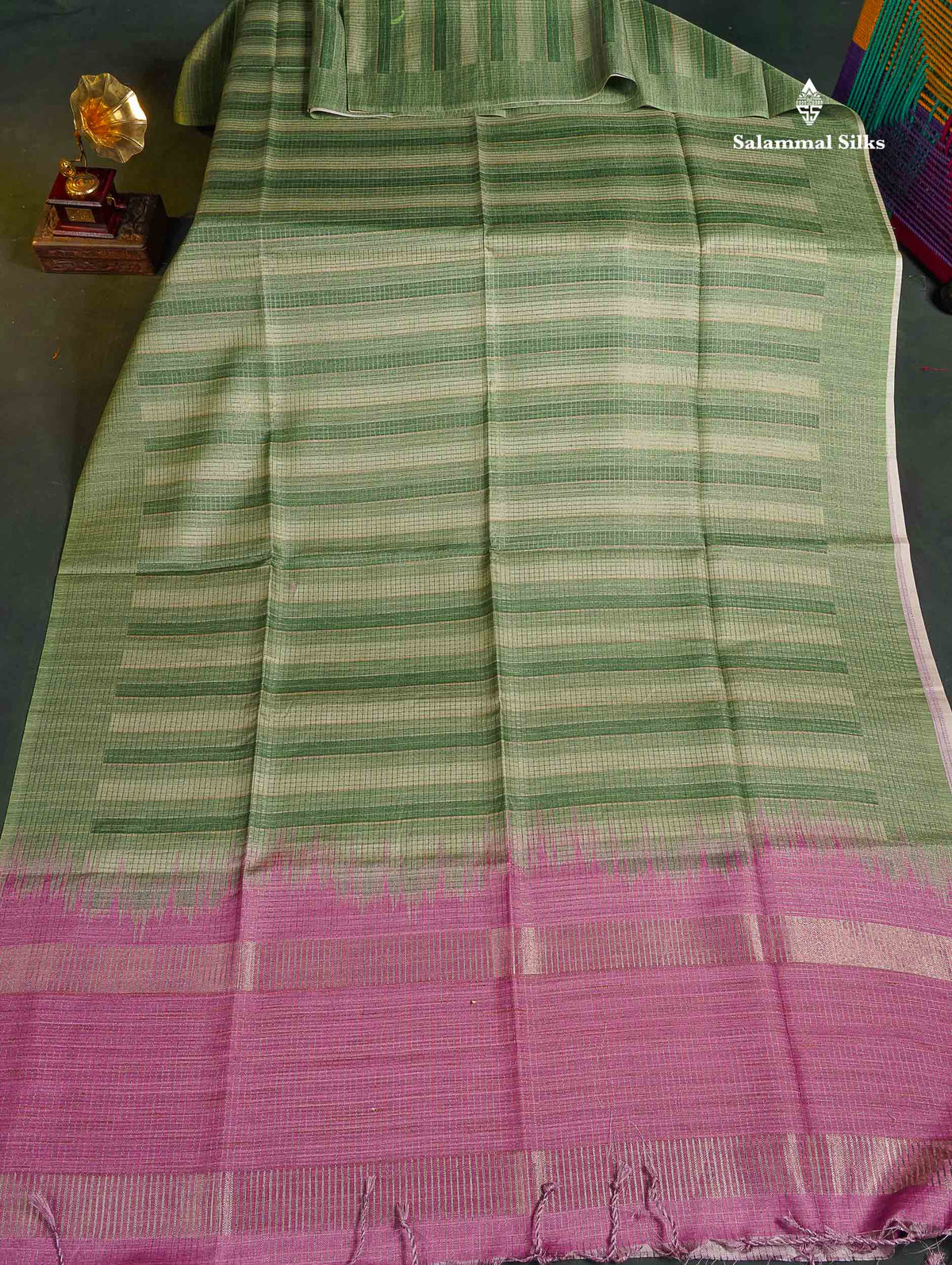 Semi Tussar Saree - Light Green Colour Body With Contrast Rose Pink Blouse