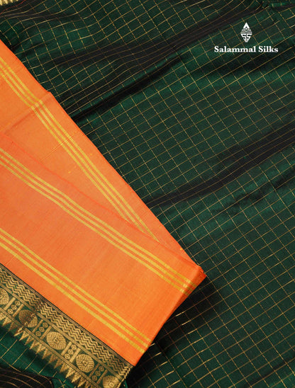 Beautiful Bottle Green Small Zari Checks Pure Silk Cotton Saree With Contrast Orange Traditional Gap Border