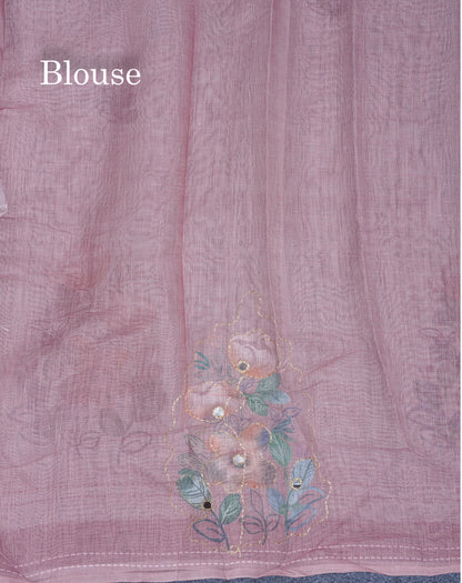 Beautiful White Mirror Work Linen Mix Saree With Contrast Brown Embroidery Zari Border