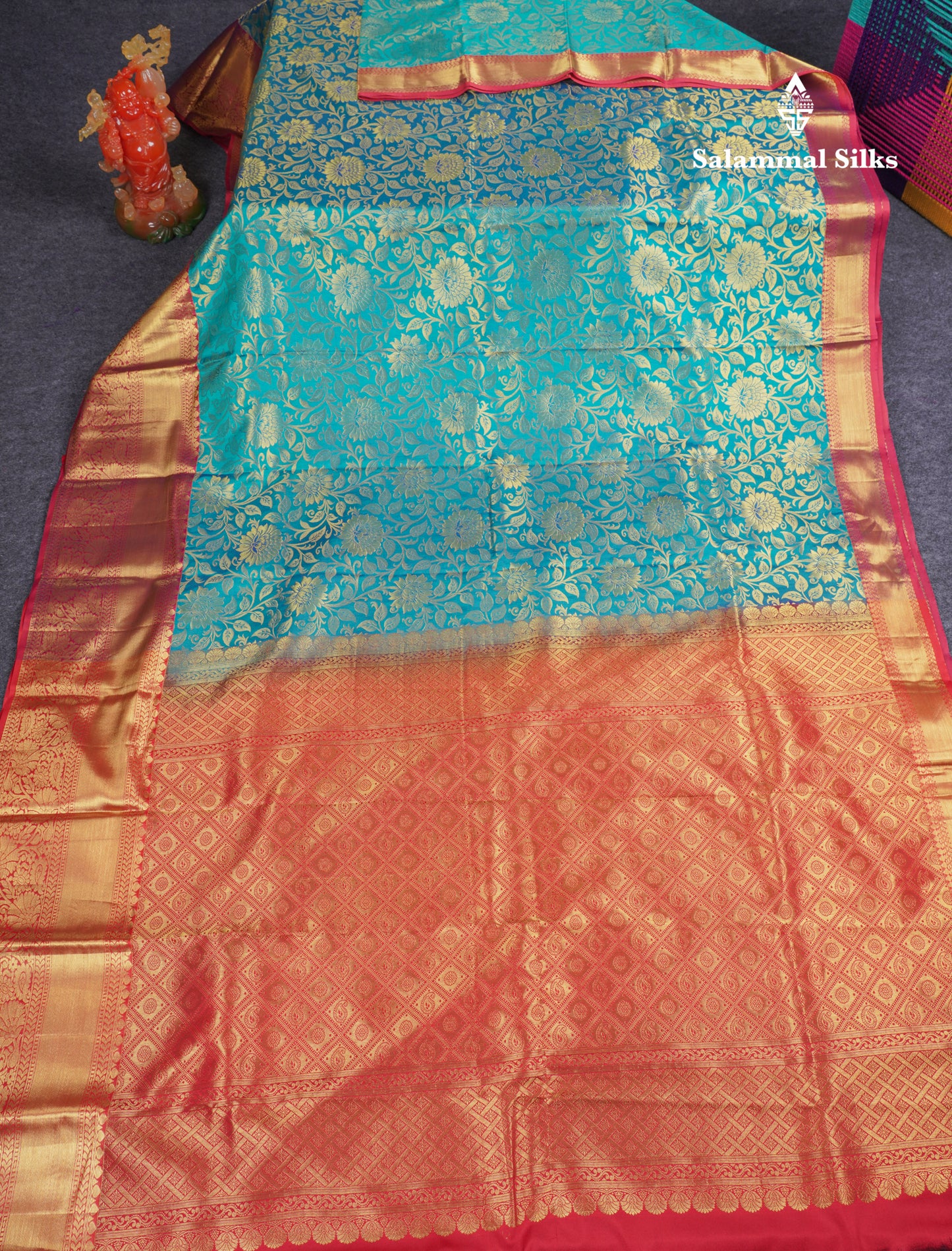 Beautiful Sapphire Green Bridal Pure Mix Kanjivaram Silk Saree With Contrast Chilly Red Border