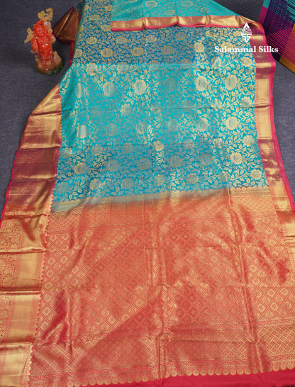Beautiful Sapphire Green Bridal Pure Mix Kanjivaram Silk Saree With Contrast Chilly Red Border