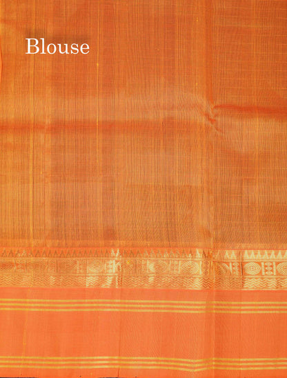 Beautiful Bottle Green Small Zari Checks Pure Silk Cotton Saree With Contrast Orange Traditional Gap Border
