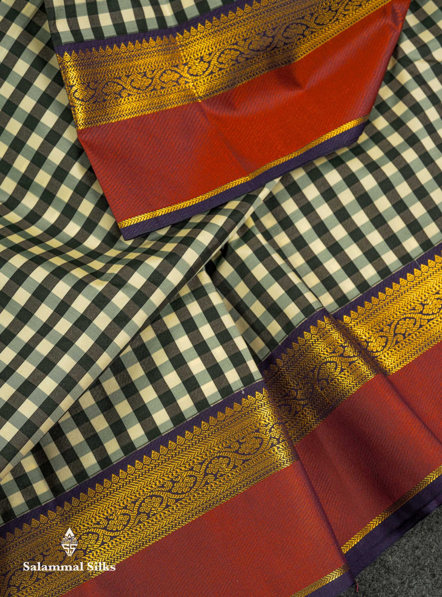 Beautiful Multicolour Small Checks Semi Silk Saree With Contrast Violet Traditional Border