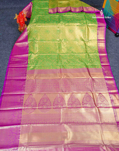 Bridal Semi Silk Saree - Parrot Green Colour Body Tissue With Contrast Vadamalli Evening Morning Border 