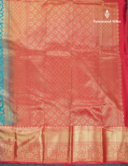 Beautiful Sapphire Green Bridal Pure Mix Kanjivaram Silk Saree With Contrast Chilly Red Border