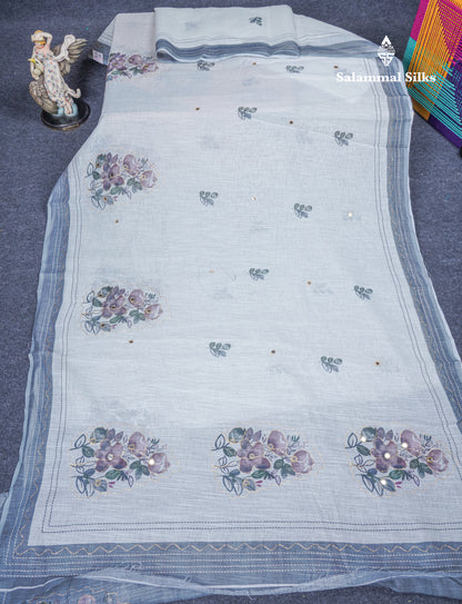 Beautiful White Mirror Work Linen Mix Saree With Contrast Brown Embroidery Zari Border
