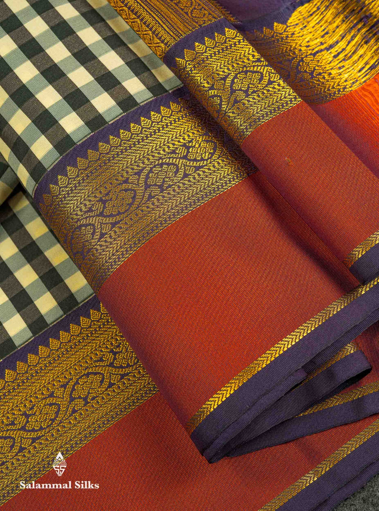 Beautiful Multicolour Small Checks Semi Silk Saree With Contrast Violet Traditional Border