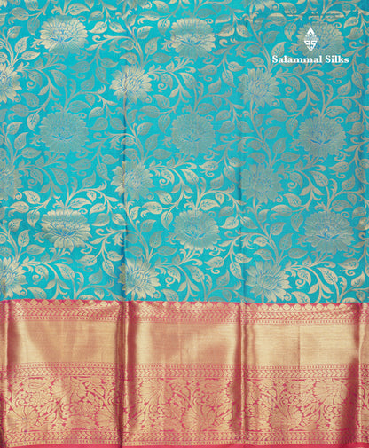 Beautiful Sapphire Green Bridal Pure Mix Kanjivaram Silk Saree With Contrast Chilly Red Border