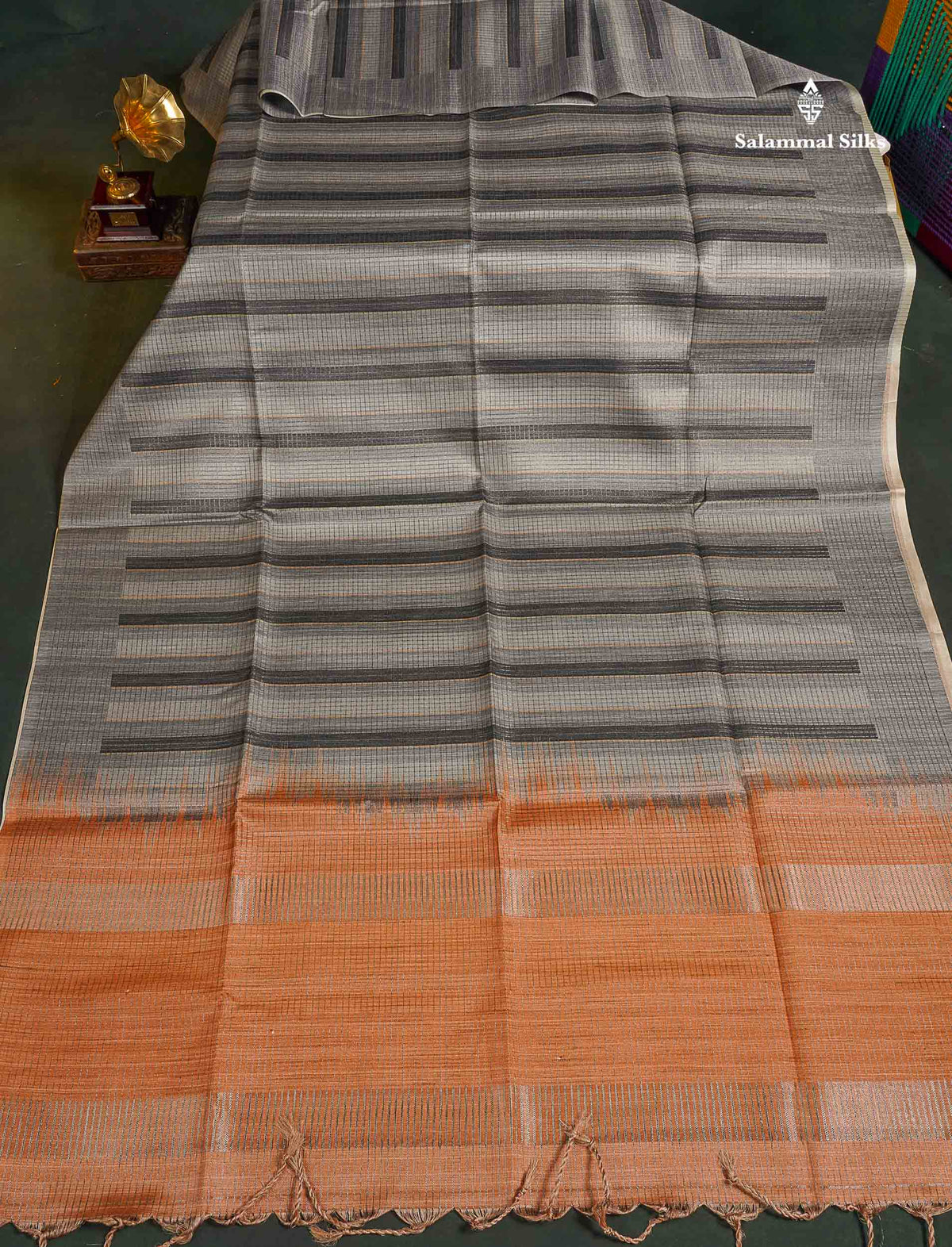 Semi Tussar Saree - Grey Colour Body With Contrast Light Orange  Blouse