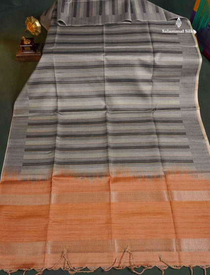 Semi Tussar Saree - Grey Colour Body With Contrast Light Orange  Blouse