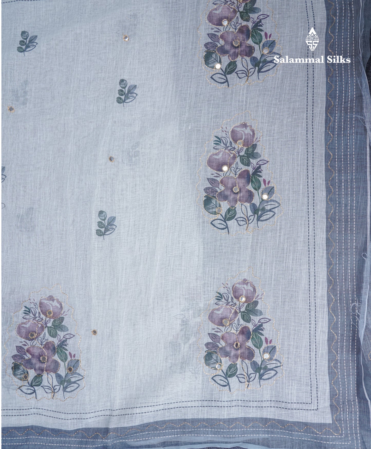 Beautiful White Mirror Work Linen Mix Saree With Contrast Brown Embroidery Zari Border