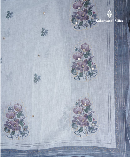 Beautiful White Mirror Work Linen Mix Saree With Contrast Brown Embroidery Zari Border