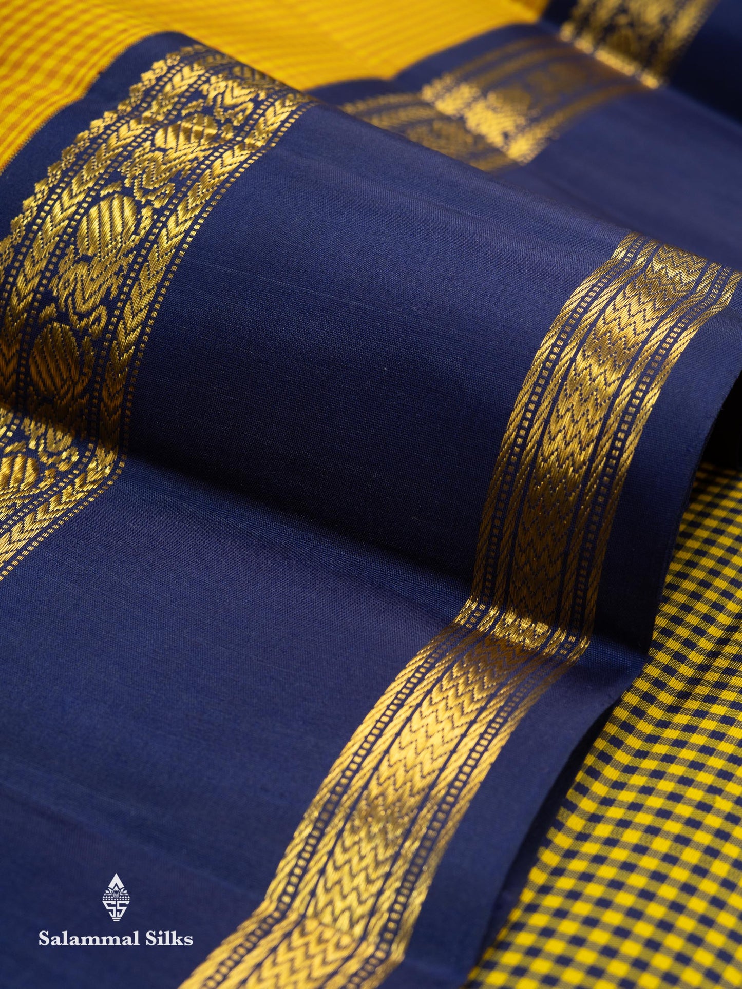 Beautiful Partly Saree With Two Checks Pattern - Yellow Mustard & Yellow Purple Tiny Checks Pure Kanjivaram Silk Saree With Contrast Violet Traditional Gap Border