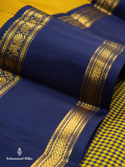 Beautiful Partly Saree With Two Checks Pattern - Yellow Mustard & Yellow Purple Tiny Checks Pure Kanjivaram Silk Saree With Contrast Violet Traditional Gap Border
