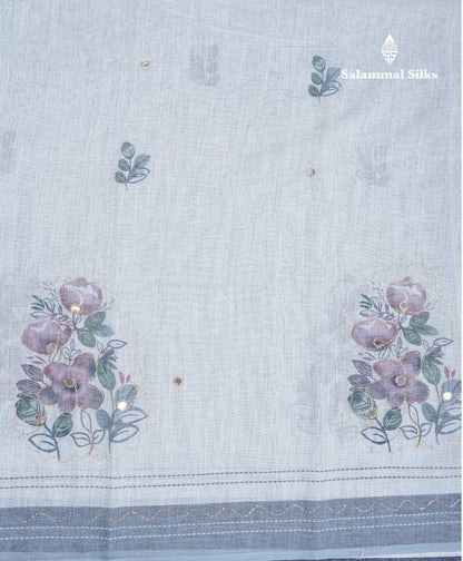 Beautiful White Mirror Work Linen Mix Saree With Contrast Brown Embroidery Zari Border