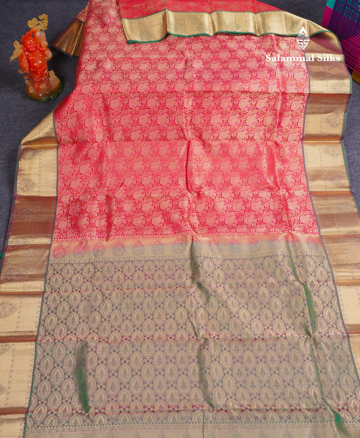 Beautiful Dual Tone Reddish Pink Bridal Pure Kanjivaram Silk Saree With Contrast Bottle Green Traditional Border