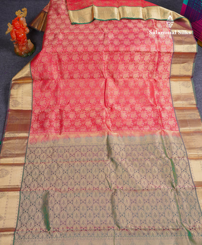 Beautiful Dual Tone Reddish Pink Bridal Pure Kanjivaram Silk Saree With Contrast Bottle Green Traditional Border