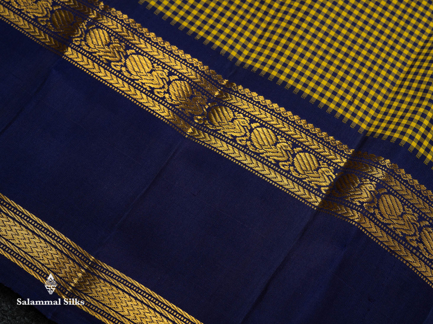 Beautiful Partly Saree With Two Checks Pattern - Yellow Mustard & Yellow Purple Tiny Checks Pure Kanjivaram Silk Saree With Contrast Violet Traditional Gap Border