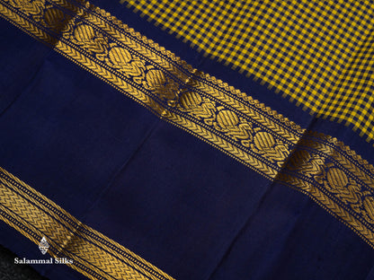 Beautiful Partly Saree With Two Checks Pattern - Yellow Mustard & Yellow Purple Tiny Checks Pure Kanjivaram Silk Saree With Contrast Violet Traditional Gap Border