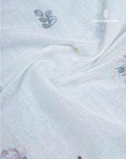 Beautiful White Mirror Work Linen Mix Saree With Contrast Brown Embroidery Zari Border