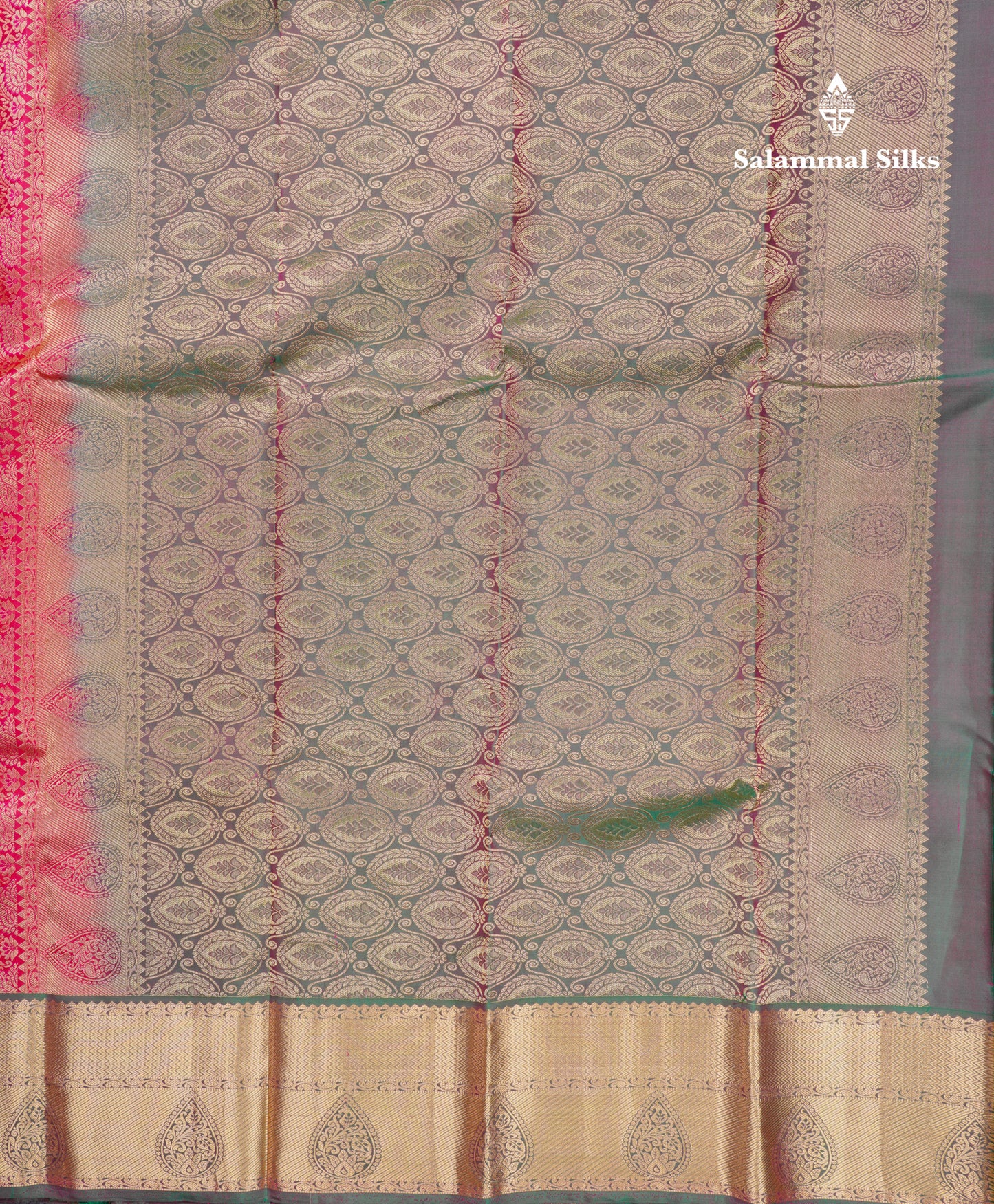 Beautiful Dual Tone Reddish Pink Bridal Pure Kanjivaram Silk Saree With Contrast Bottle Green Traditional Border