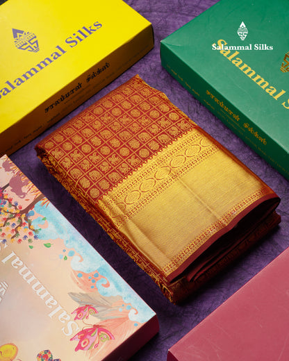 Beautiful Dark Maroon Checks With Traditional Buttas Bridal Pure Kanjivaram Silk Saree With Blouse