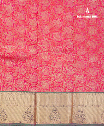 Beautiful Dual Tone Reddish Pink Bridal Pure Kanjivaram Silk Saree With Contrast Bottle Green Traditional Border