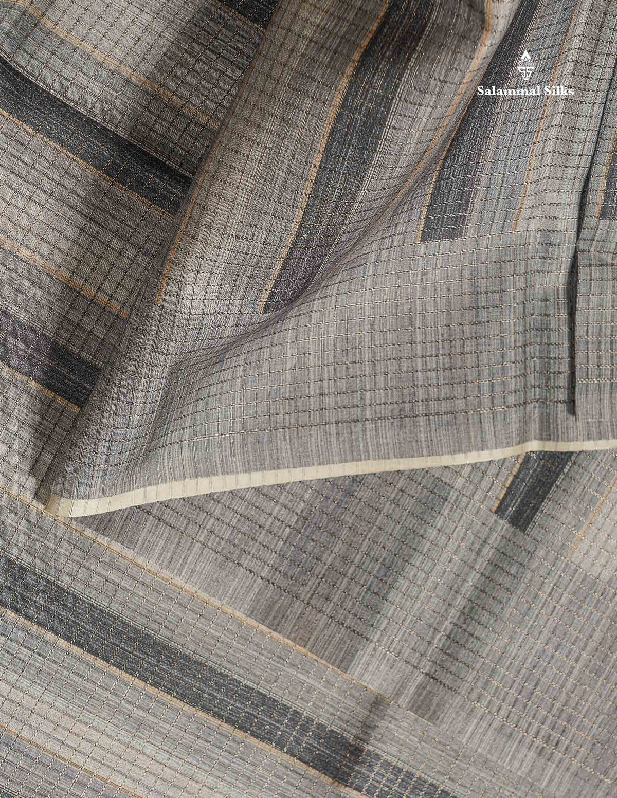 Semi Tussar Saree - Grey Colour Body With Contrast Light Orange  Blouse