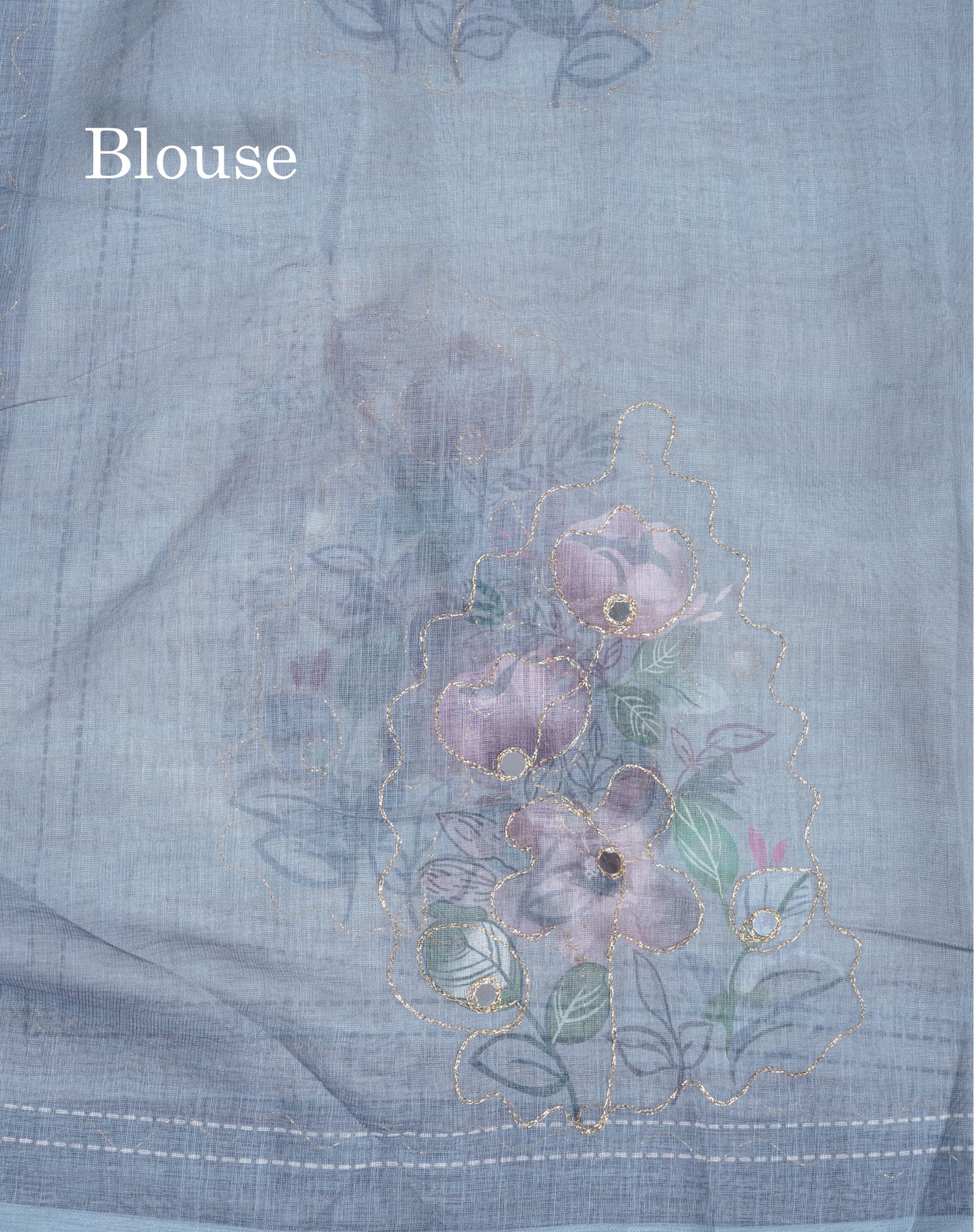 Beautiful White Mirror Work Linen Mix Saree With Contrast Brown Embroidery Zari Border