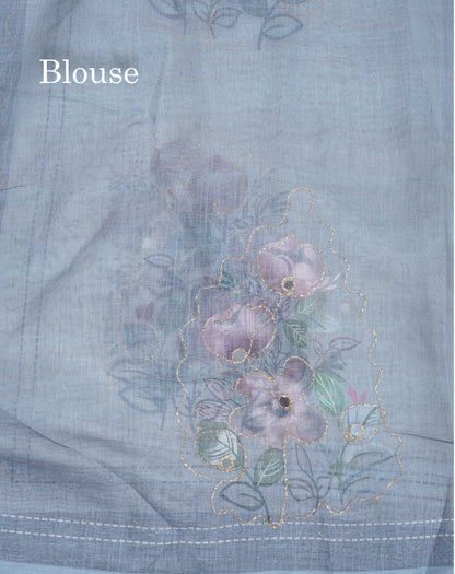 Beautiful White Mirror Work Linen Mix Saree With Contrast Brown Embroidery Zari Border