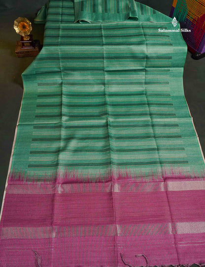 Semi Tussar Saree - Green Colour Body With Contrast Rose Pink Blouse 