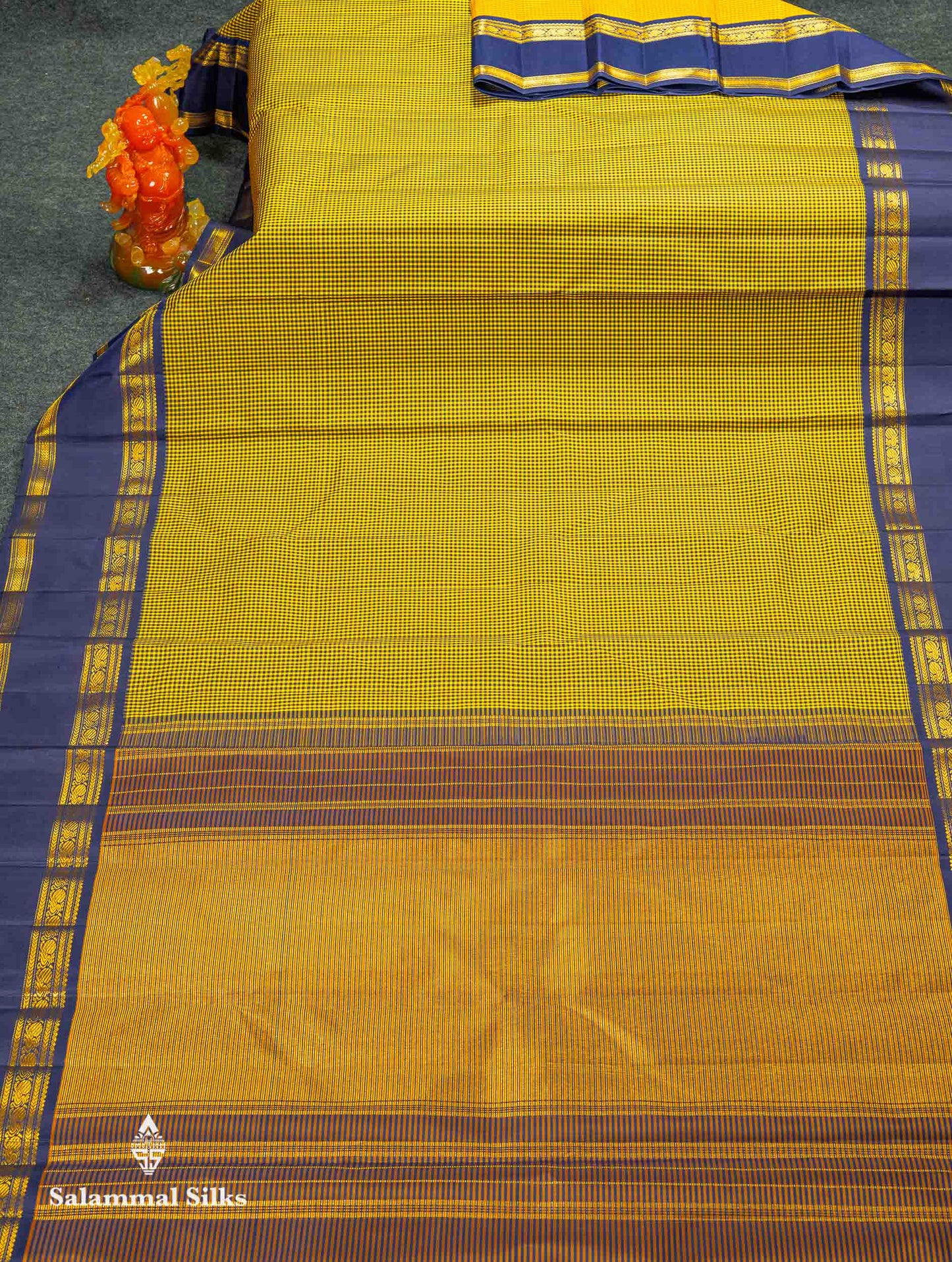 Beautiful Partly Saree With Two Checks Pattern - Yellow Mustard & Yellow Purple Tiny Checks Pure Kanjivaram Silk Saree With Contrast Violet Traditional Gap Border