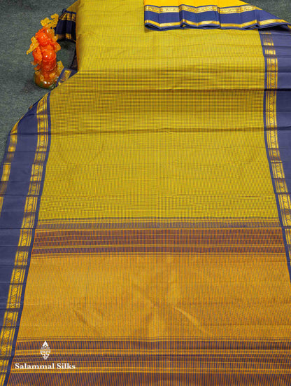 Beautiful Partly Saree With Two Checks Pattern - Yellow Mustard & Yellow Purple Tiny Checks Pure Kanjivaram Silk Saree With Contrast Violet Traditional Gap Border