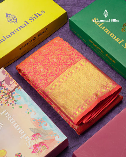 Beautiful Dual Tone Pinkish Orange Menakari Work Bridal Pure Kanjivaram Silk Saree With Traditional Border