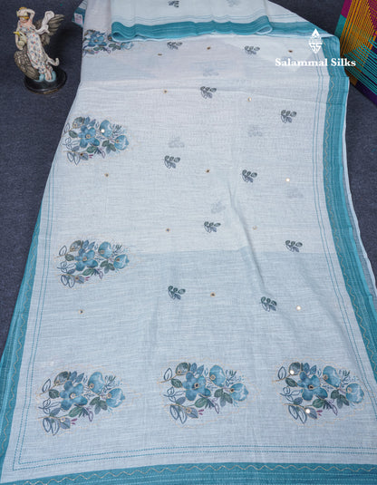 Beautiful White Mirror Work Linen Mix Saree With Contrast Brown Embroidery Zari Border
