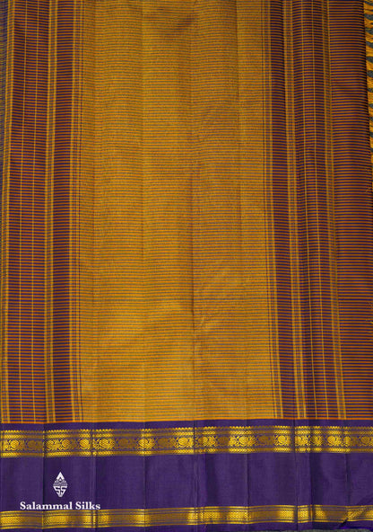 Beautiful Partly Saree With Two Checks Pattern - Yellow Mustard & Yellow Purple Tiny Checks Pure Kanjivaram Silk Saree With Contrast Violet Traditional Gap Border