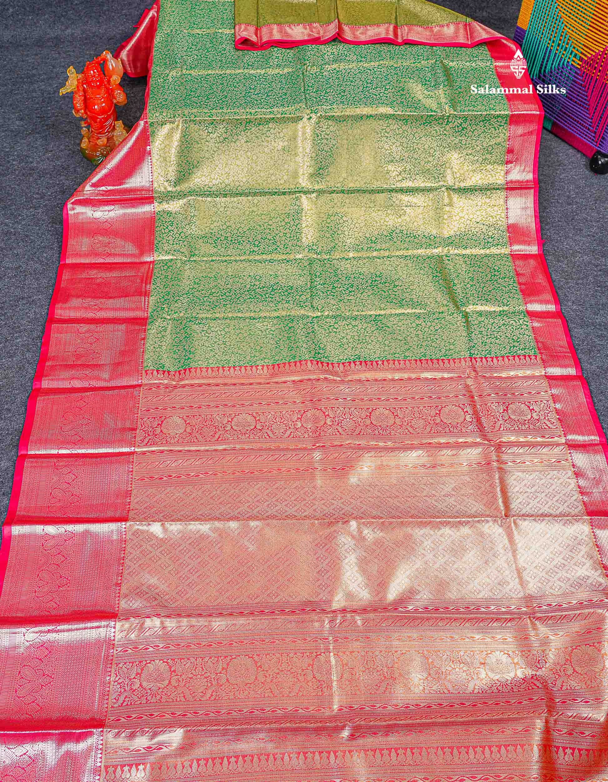 Bridal Semi Silk Saree - Green Colour Body Tissue With Contrast Redish Pink Evening Morning Border