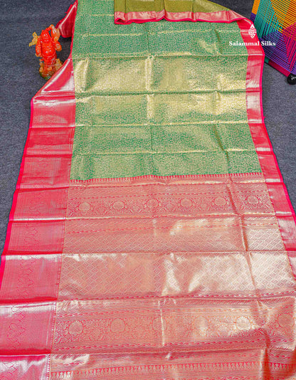 Bridal Semi Silk Saree - Green Colour Body Tissue With Contrast Redish Pink Evening Morning Border