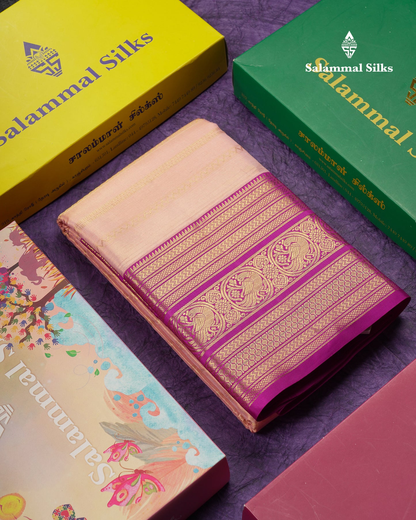 Beautiful Peach Tissue Bridal Pure Kanjivaram Silk Saree With Contrast Vadamalli Traditional Border