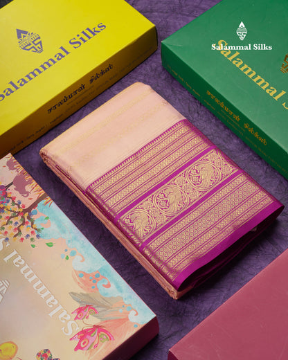 Beautiful Peach Tissue Bridal Pure Kanjivaram Silk Saree With Contrast Vadamalli Traditional Border