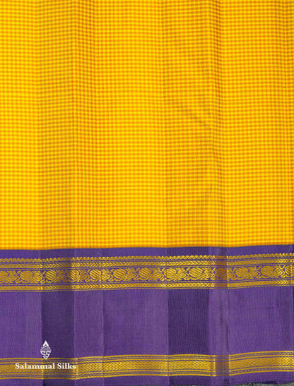 Beautiful Partly Saree With Two Checks Pattern - Yellow Mustard & Yellow Purple Tiny Checks Pure Kanjivaram Silk Saree With Contrast Violet Traditional Gap Border