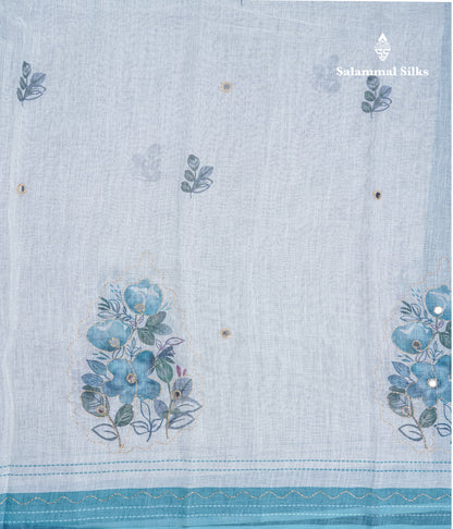 Beautiful White Mirror Work Linen Mix Saree With Contrast Brown Embroidery Zari Border