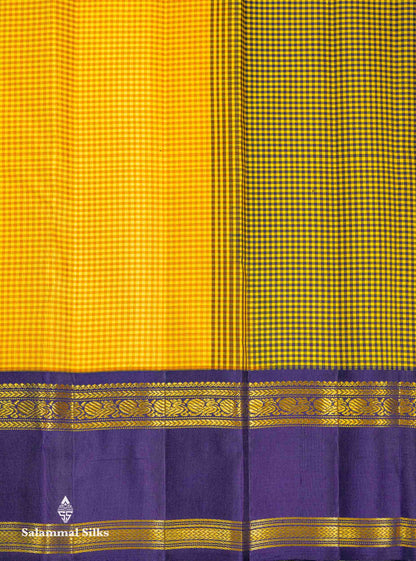 Beautiful Partly Saree With Two Checks Pattern - Yellow Mustard & Yellow Purple Tiny Checks Pure Kanjivaram Silk Saree With Contrast Violet Traditional Gap Border