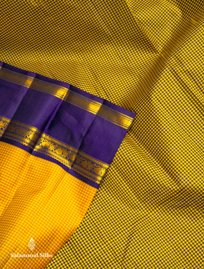 Beautiful Partly Saree With Two Checks Pattern - Yellow Mustard & Yellow Purple Tiny Checks Pure Kanjivaram Silk Saree With Contrast Violet Traditional Gap Border
