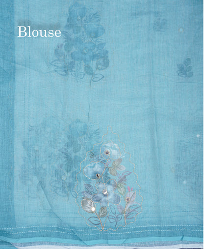 Beautiful White Mirror Work Linen Mix Saree With Contrast Brown Embroidery Zari Border