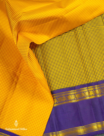 Beautiful Partly Saree With Two Checks Pattern - Yellow Mustard & Yellow Purple Tiny Checks Pure Kanjivaram Silk Saree With Contrast Violet Traditional Gap Border