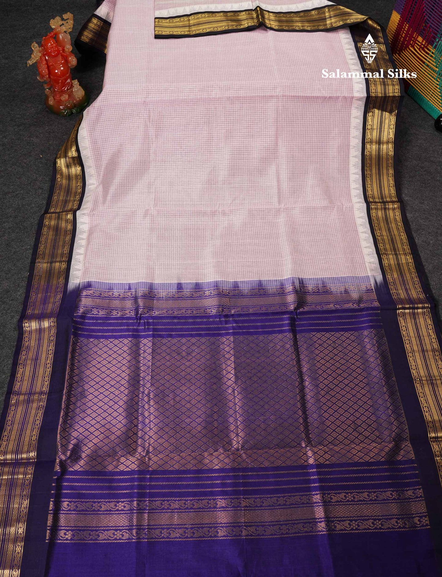 Beautiful Dual Tone Light Pink Small Checks Pure Silk Cotton Saree With Contrast Navy Blue Traditional Border